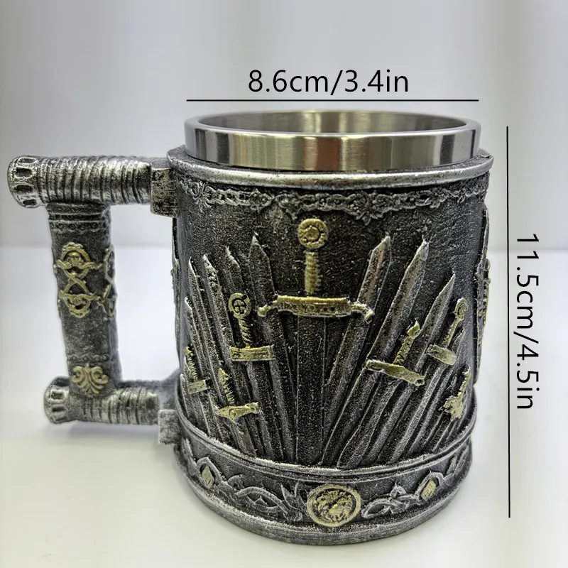 Medieval Sword Tankard Mug, 450ml Stainless Steel Liner Gothic Viking Beer Stein, Resin 3D Embossed Coffee Cup for Men, Renaissa