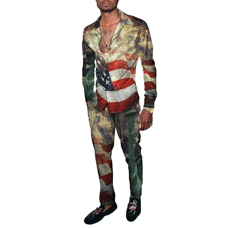 Vintage USA Flag 3D Print Men Harajuku Casual Clothing Suits Tracksuit Long Sleeve Shirt Long Pants Two Piece Sets Clothing