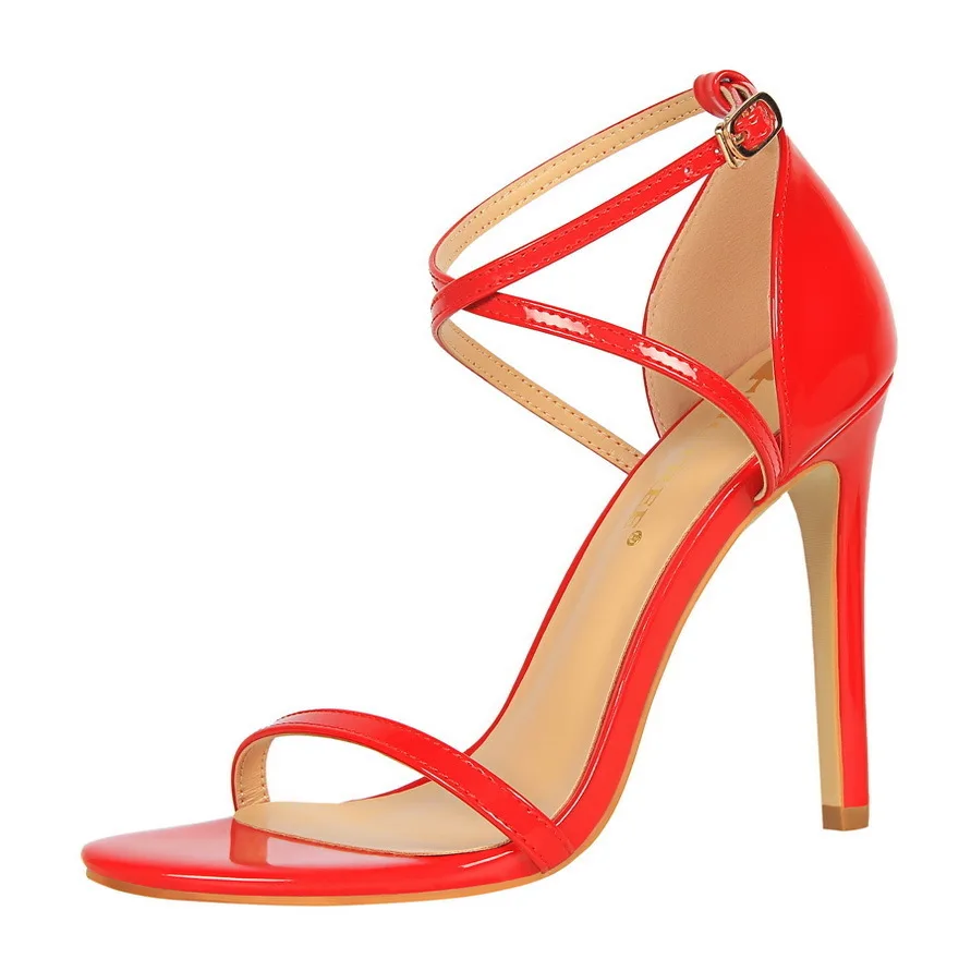 

Fashion Style Banquet Women's Shoes Super High Slim Heel Open Toe Lacquer Leather Cross Strap Sexy Nightclub Sandals Women Pumps