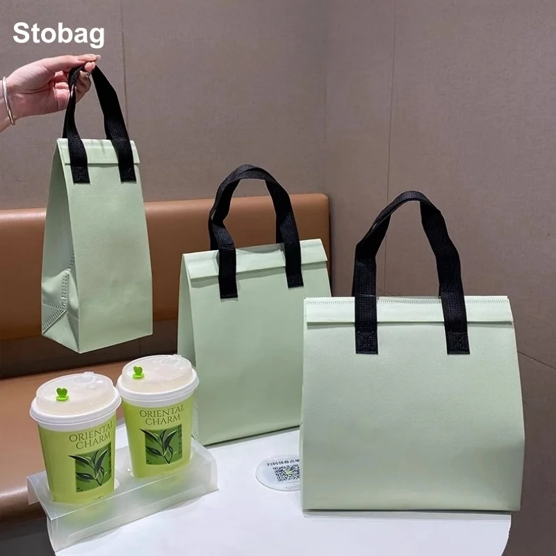 

StoBag 10pcs Green Non-woven Insulation Tote Bag Portable Fabric for Food Drinks Package Keep Warm Cold Delivery Reusable Pouch