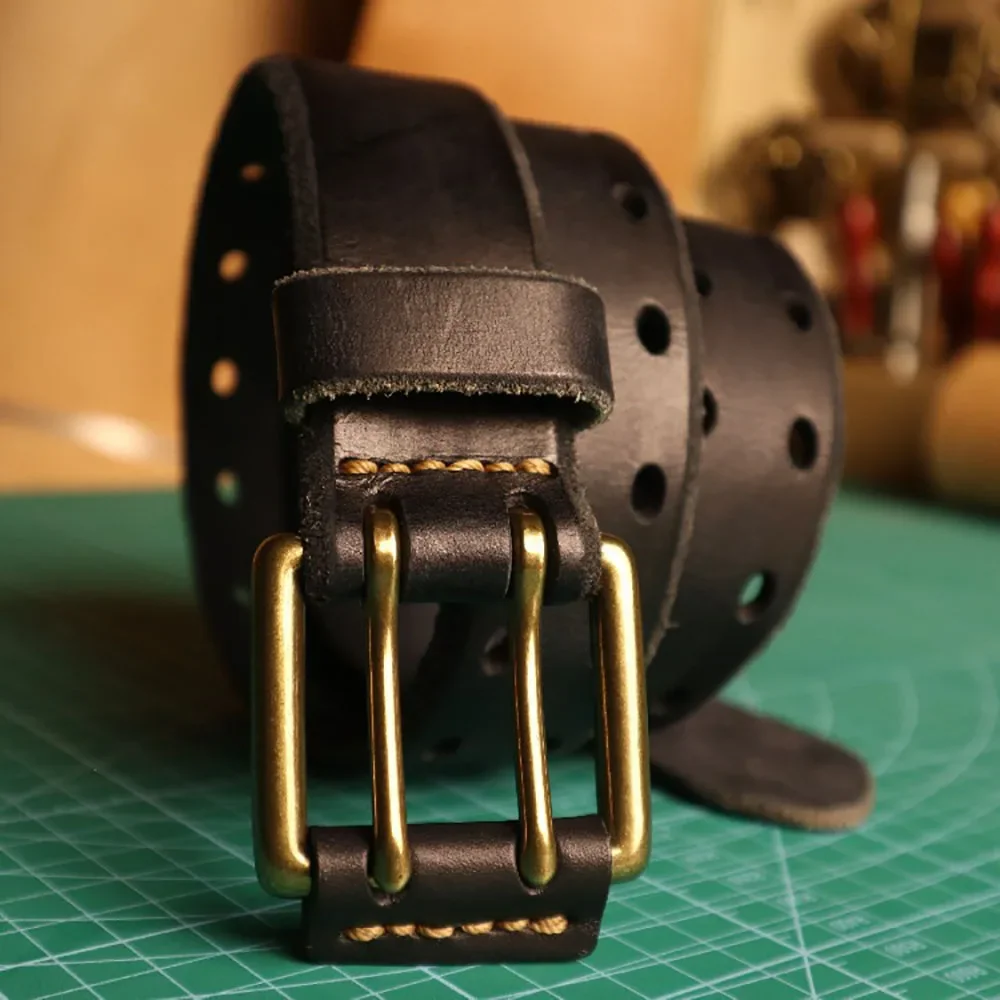 Retro Style Hollow Out Italian Genuine Leather Belt Men's Double Pin Brass Buckle Belt 38MM Width