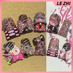 Y2K Duck-bill Hello Kitty Fake Nails Devil's Eye Leopard Design Bow Pink Gothic Punk Wearable Press on Nails Holiday Gift
