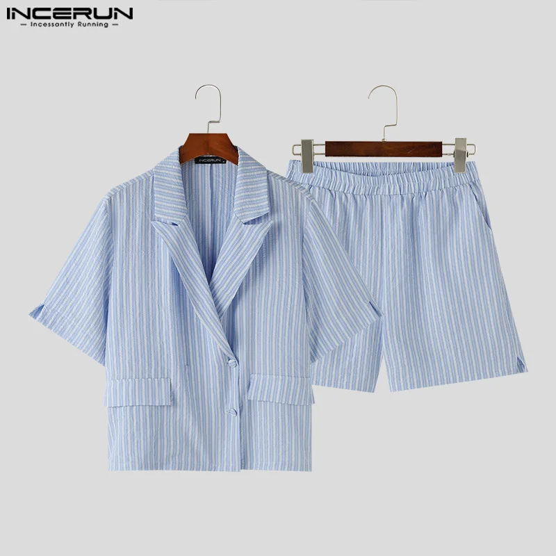 INCERUN 2024 American Style Sets Fashion New Mens Bubble Striped Cropped Suit Shorts Casual Streetwear Male Two-piece Sets S-5XL