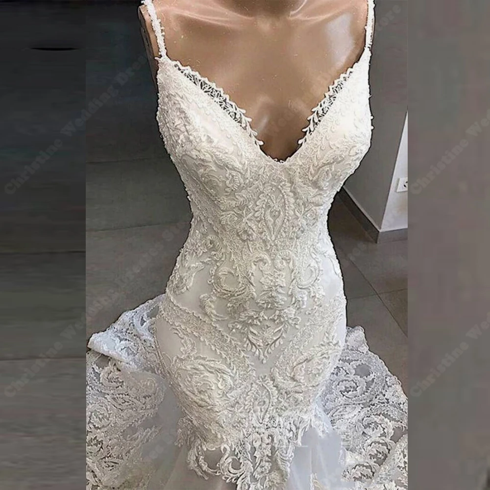 Sexy V-ausschnitt Meerjungfrau Frauen Brautkleider Spitze Druck Backless Brautkleider Wischen Länge Ball Vestidos De Novias Angepasst