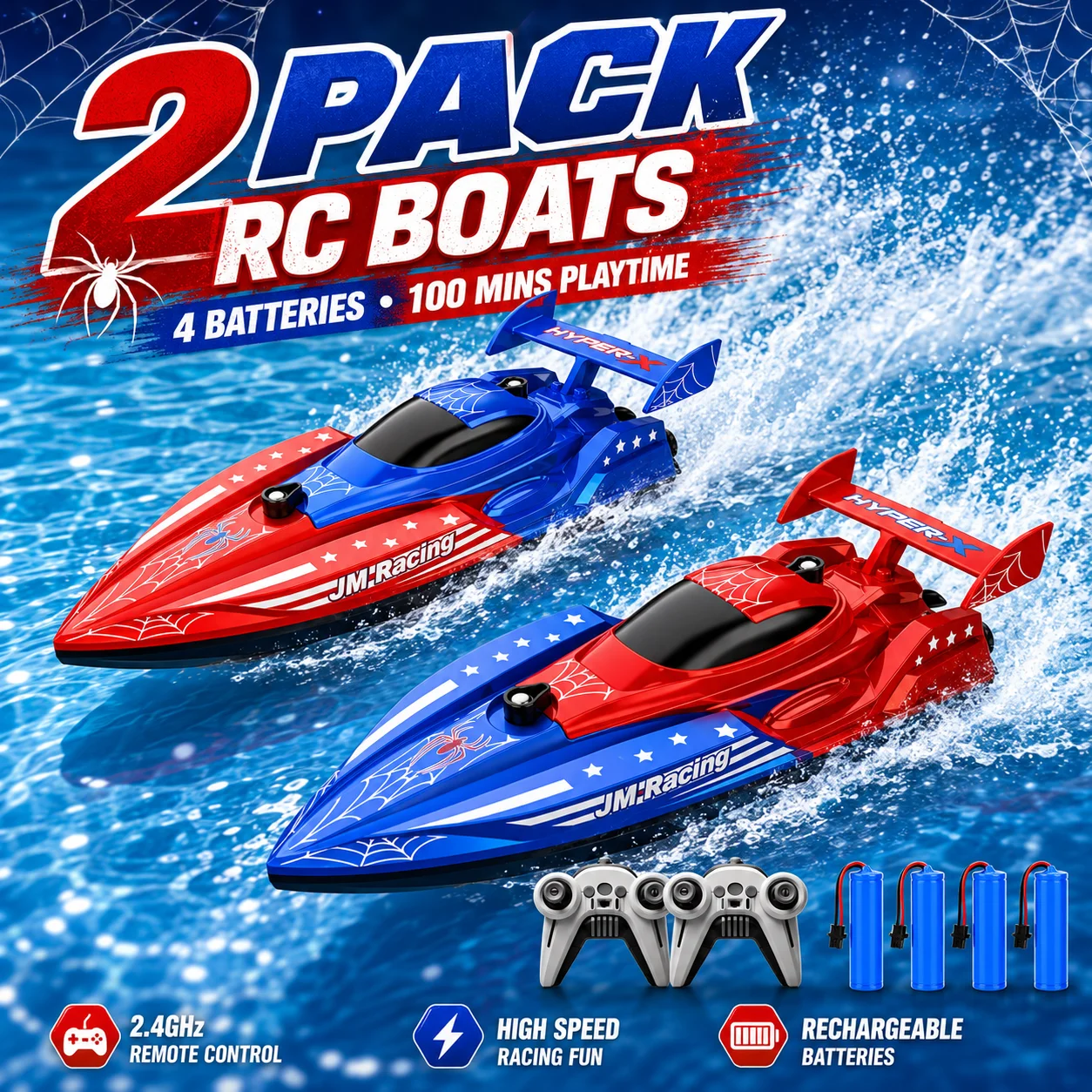 2 Pack RC Boats for Kids 8-12, 2.4GHz Remote Control Racing Boats, Waterproof Speed Boat Toys, 4 Batteries, Dual Motor Pool Lake