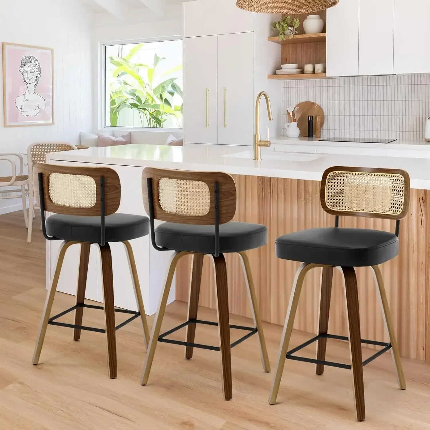 

Swivel Counter Height Bar Stools Set of 3,Rattan Back, 26" Seat Height Bar Chairs for Kitchen Island, Bentwood Wood Frame, Black