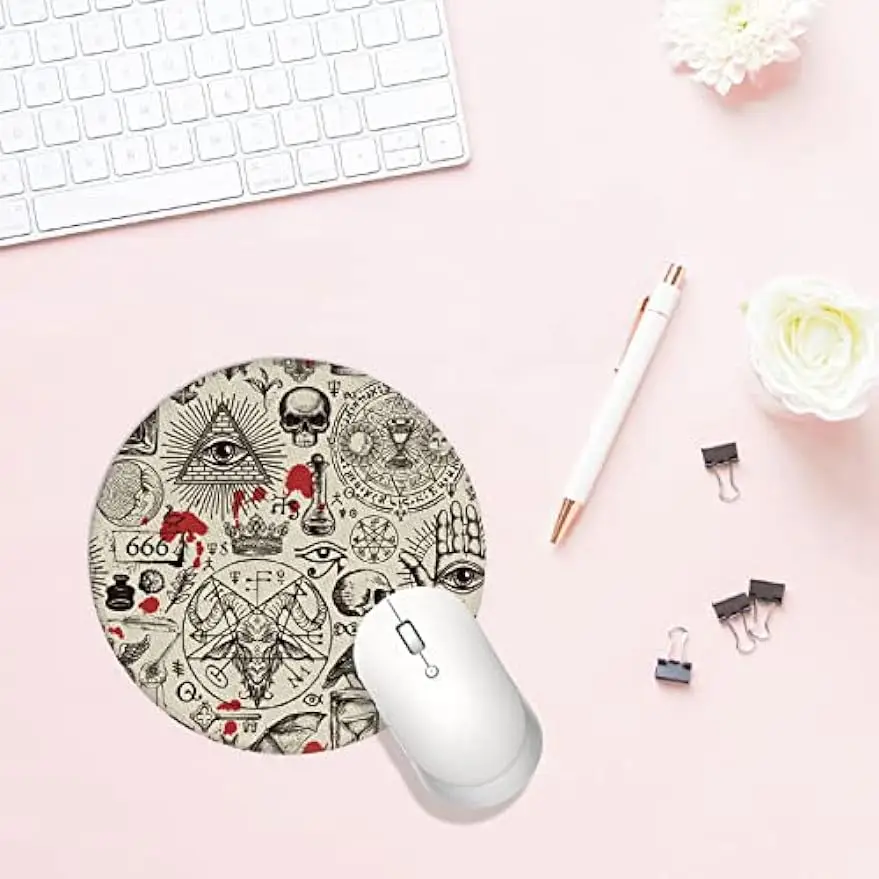 Imagem -02 - Pequena Rodada Mouse Pad Base de Borracha Antiderrapante Mousepad Alquímico Áries Crânio Pentagrama Magia Escritório Casa Presentes 79x79 Polegada