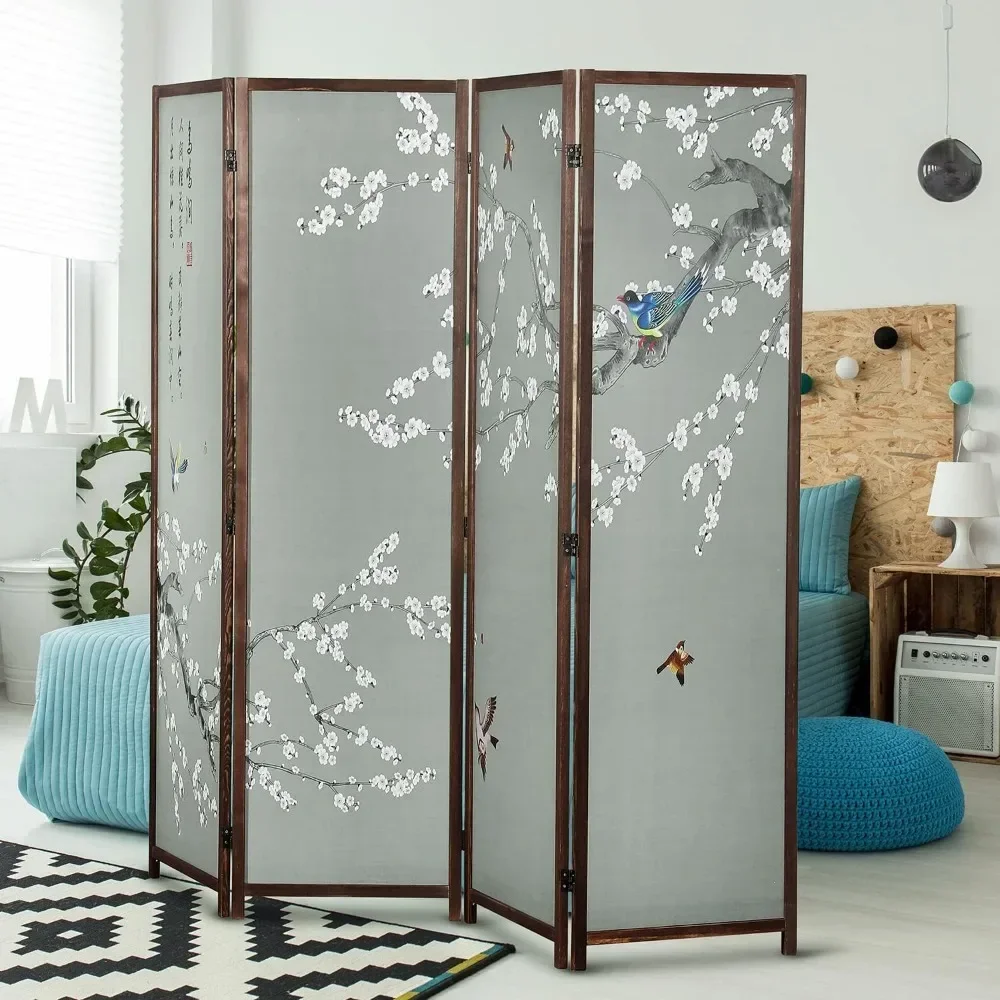 4-Panel Asian-Inspired Folding Room Divider with Cherry Blossom Tree & Bird Design Poetry Calligraphy and Brown Wooden Frame