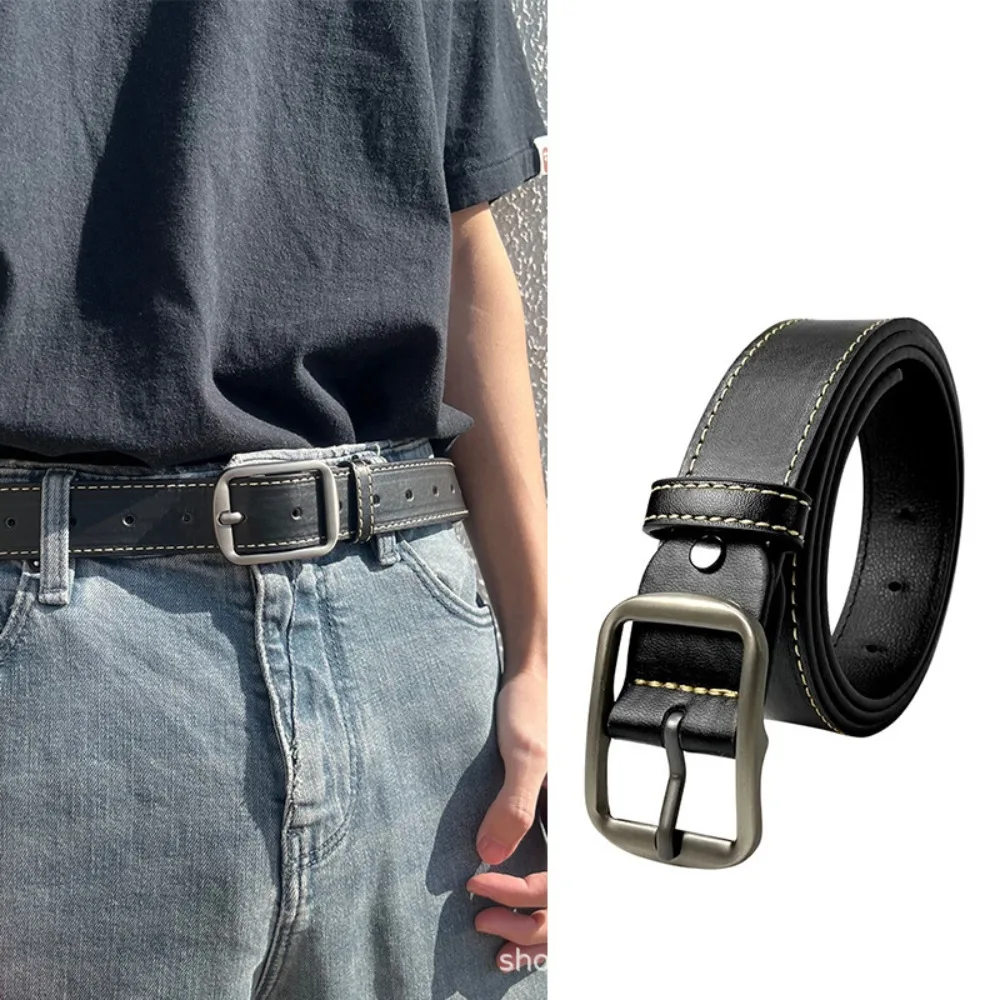 

Adjustable Korean Style Men Wide Belt Texture Alloy PU Leather Belt Sewn Buckle Jeans Waistband Students