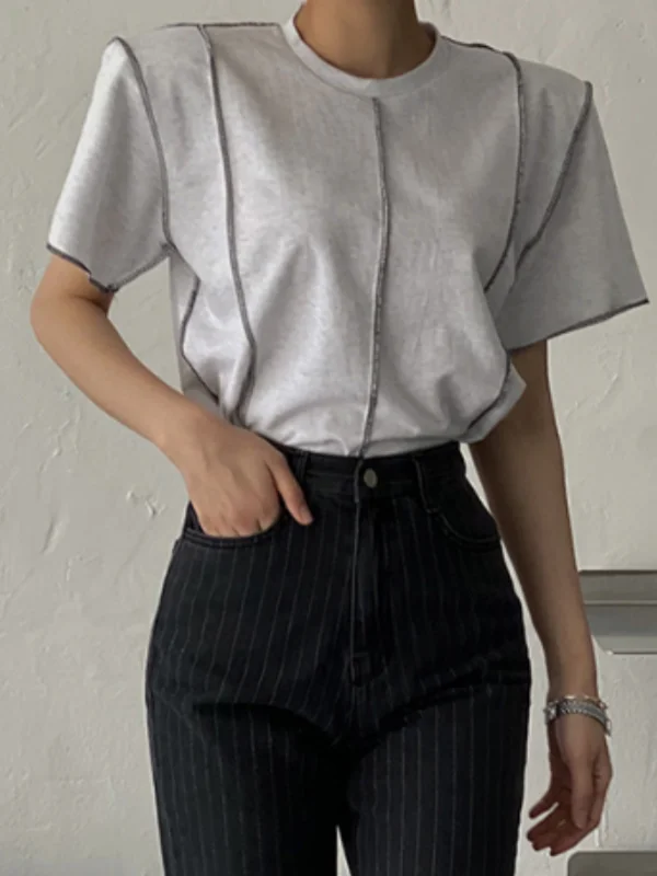 Korean Style Summer Elastic Short Sleeve T-Shirt Women's Unique Design Spicy Girl Stitching Color Block Casual Top with Thin ...