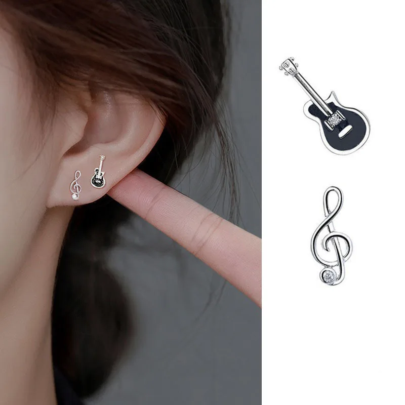 New Fashion Simple Asymmetric Guitar Note Stud Earrings Creative Cute Small Earrings for Women Girls Music Lovers Gift