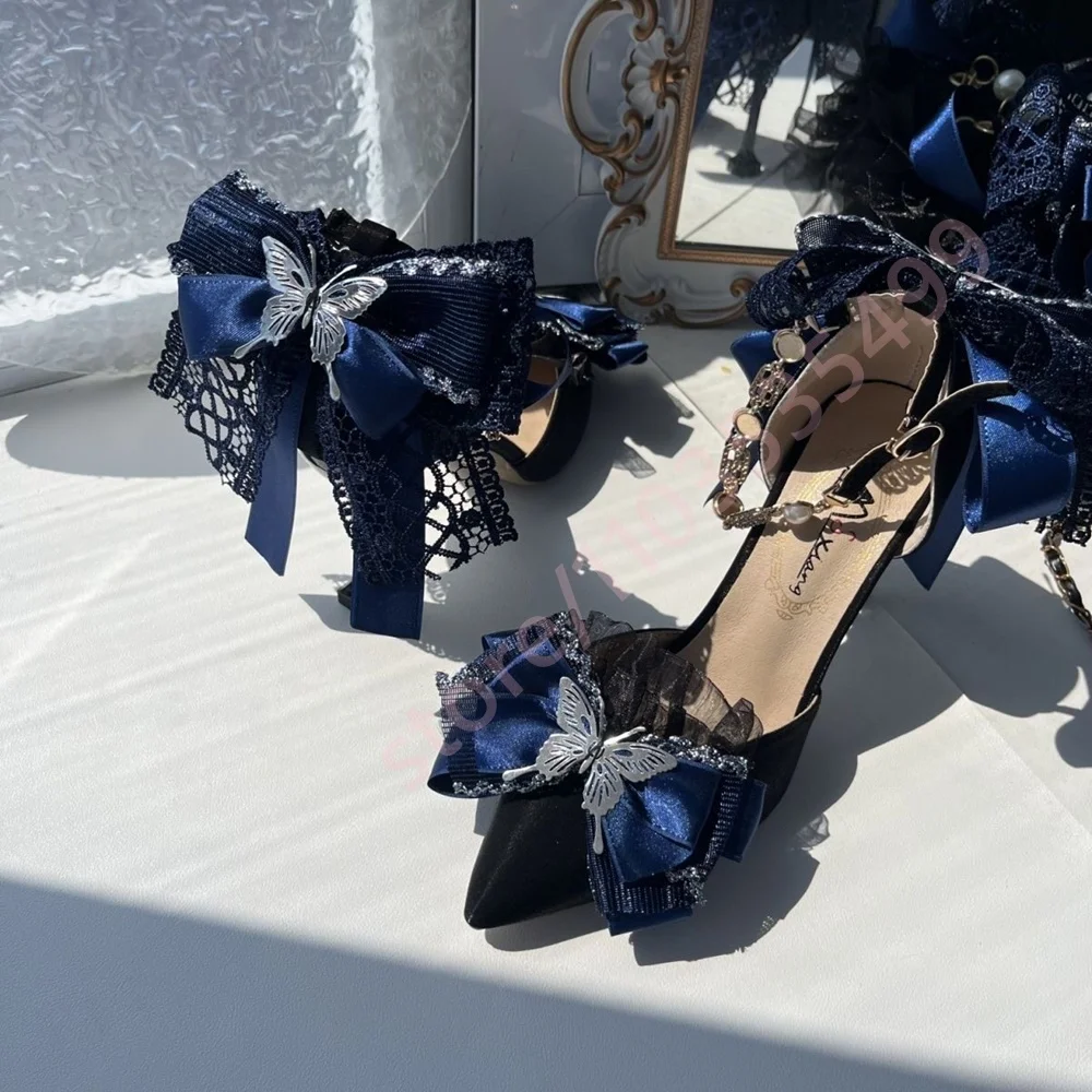 2026 New Satin Pointed Toe Heels Navy Blue Lace Bow Butterfly Rhinestone Ankle Strap Pumps Elegant Wedding Party Shoes for Women view 3