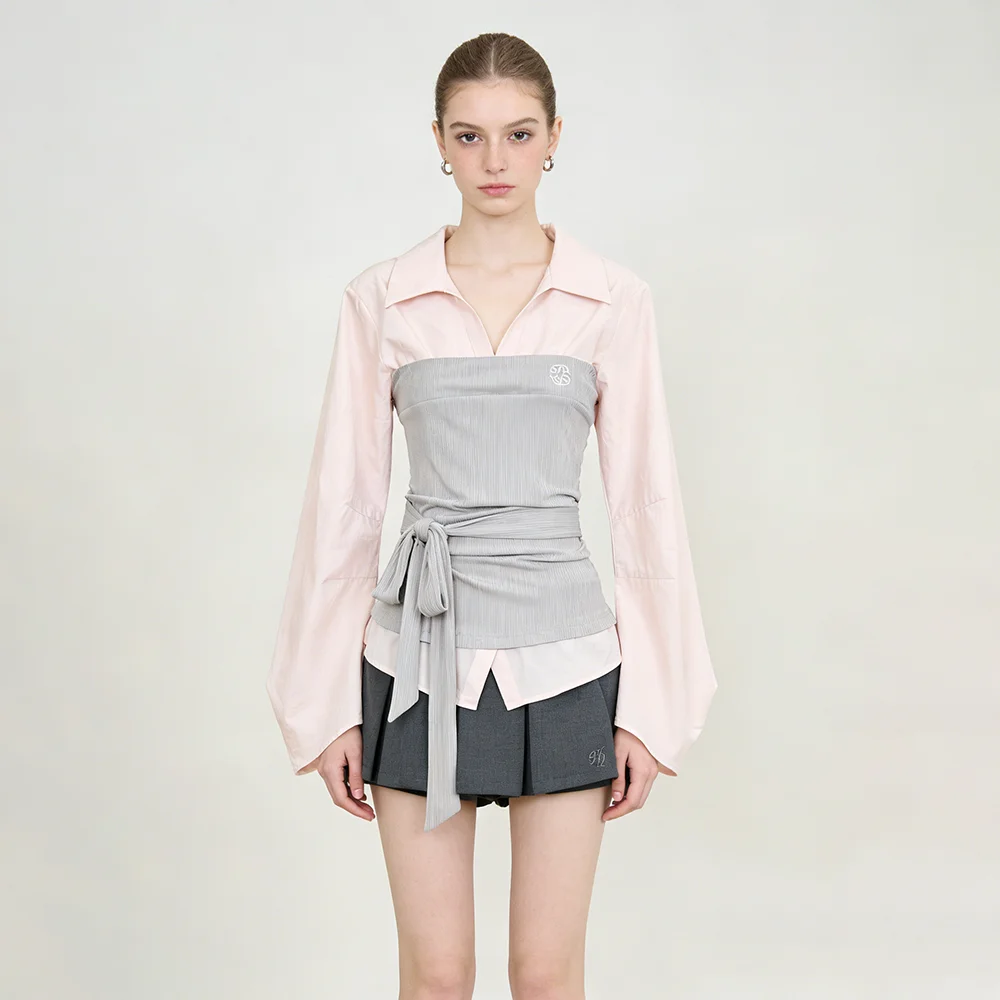 

Женская блузка Nova с эффектом двухслойности, в стиле пэчворк, с рукавами-колокол, завязками на талии и воротником, приталенная рубашка