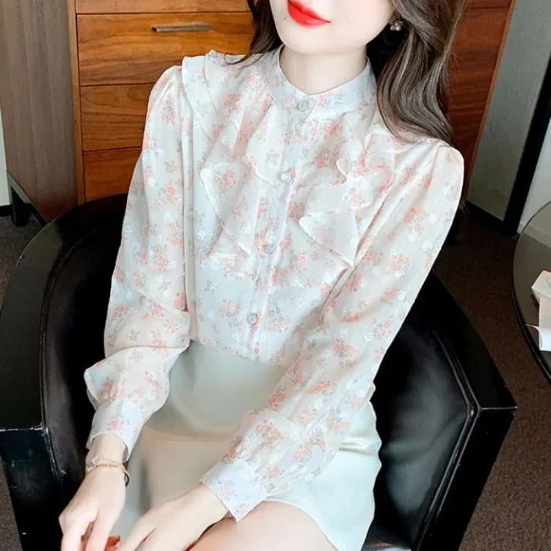 High End French Style Top Women's New Style Shirt Women's Small Shirt Western-style Chiffon Long Sleeved Shirt