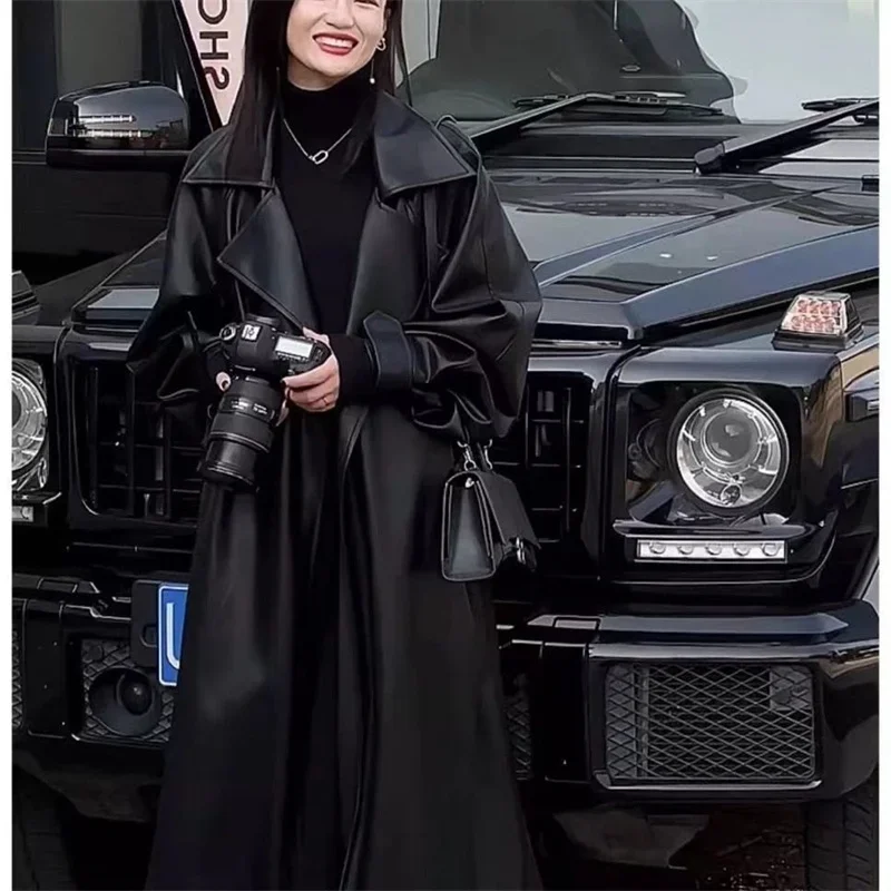 

2025 Autumn New High End Fashion Trendy Over The Knee Long Leather Jacket Women Luxury Temperament Leather Windbreaker Overcoat