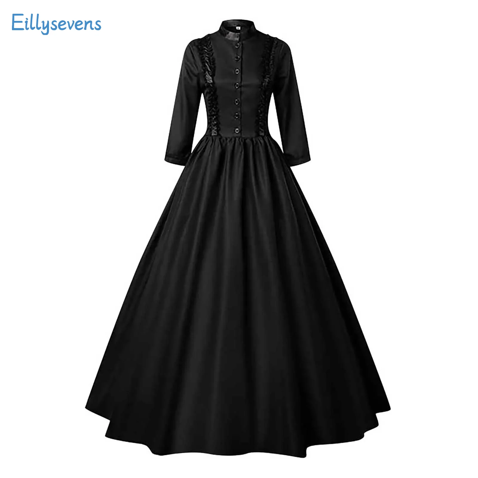 Retro Dress Women Gothic Court Cosplay Costume Solid Big Hem Long Sleeve Square Neck Costumes Slim Fit Button Long Dress