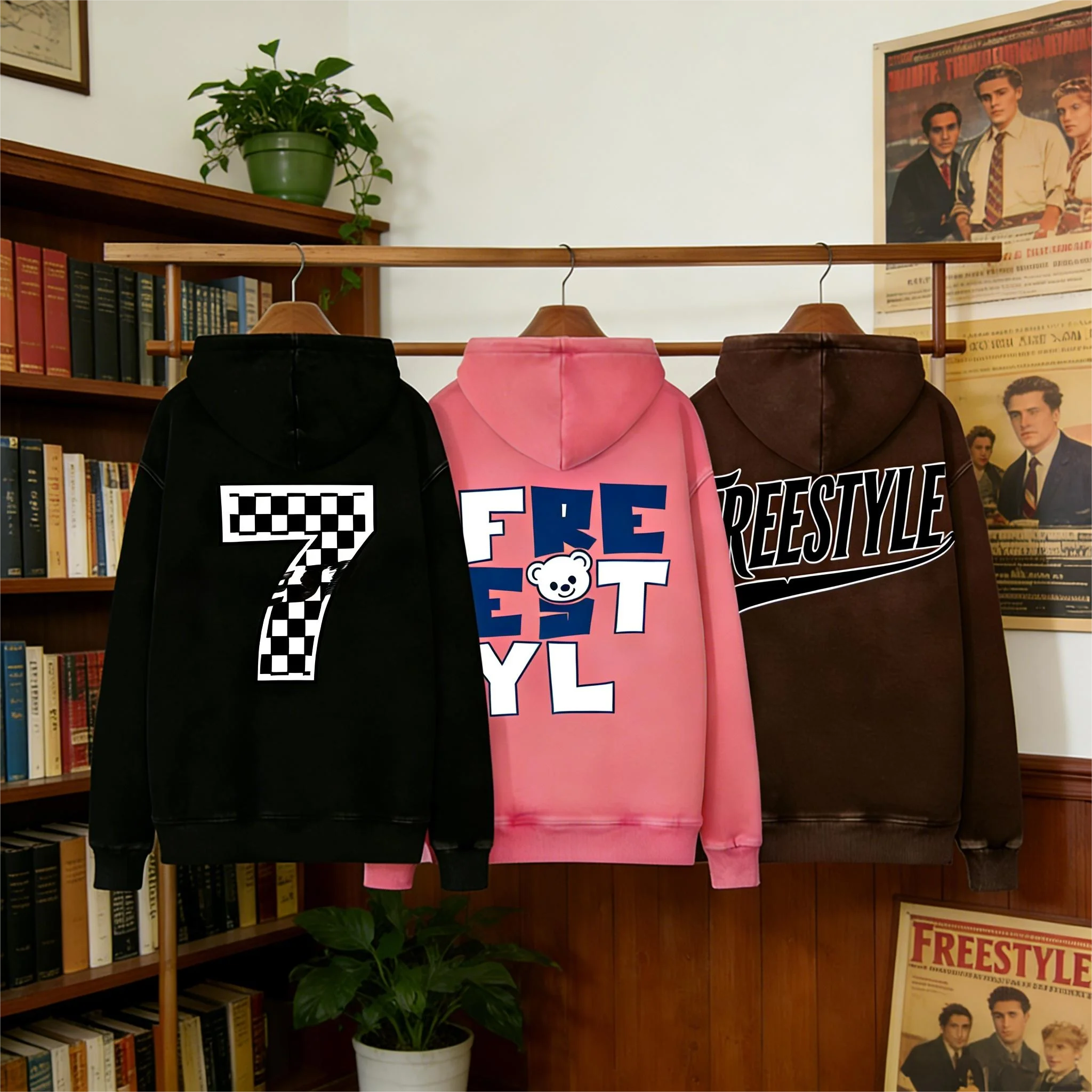 カスタムヴィンテージウォッシュドフーディー | 大学風のパターン | 無料のスカーフ | ユニセックス | 純綿 | レタープリント | 日常着