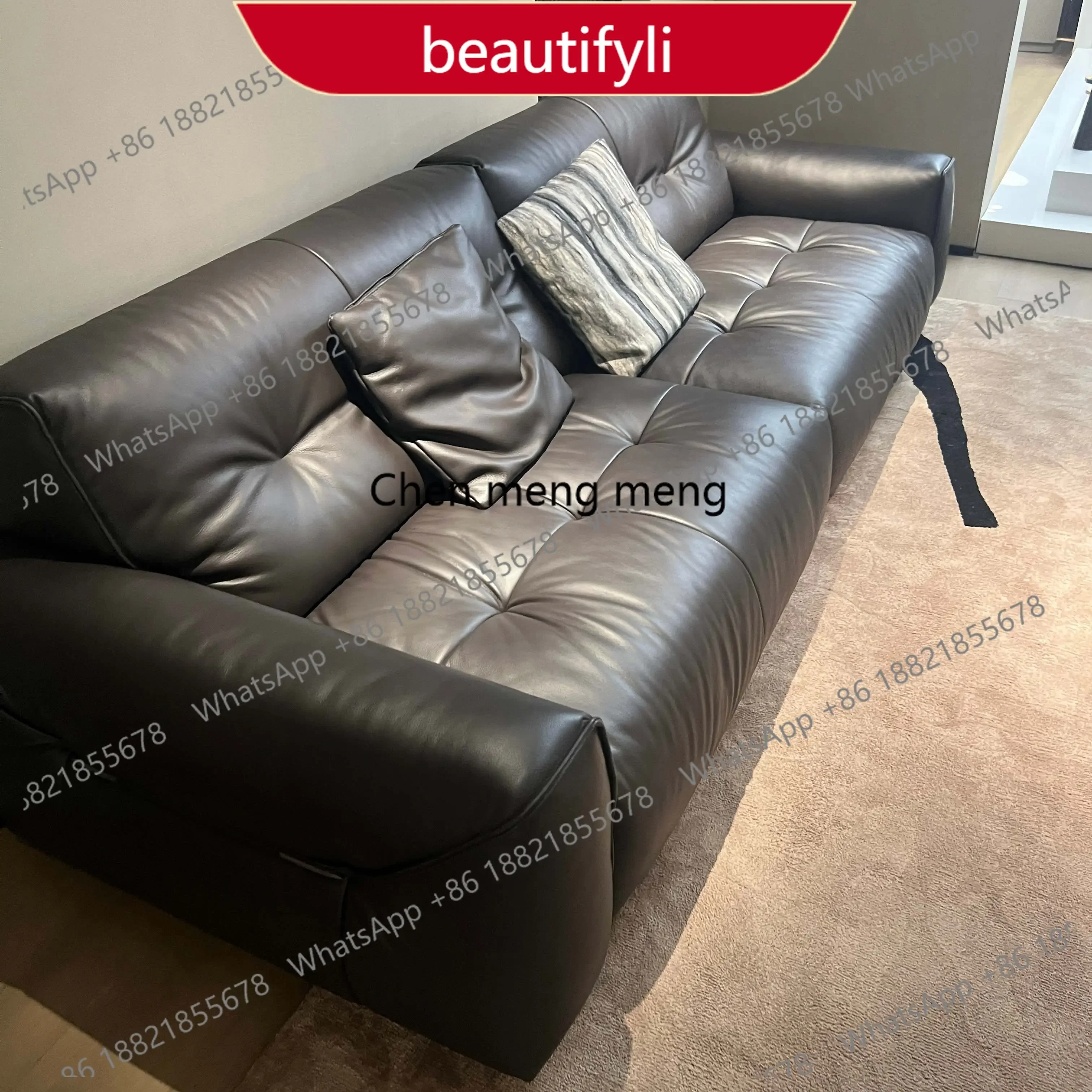 BBB French retro leather sofa black first layer cowhide straight row high-end sofa