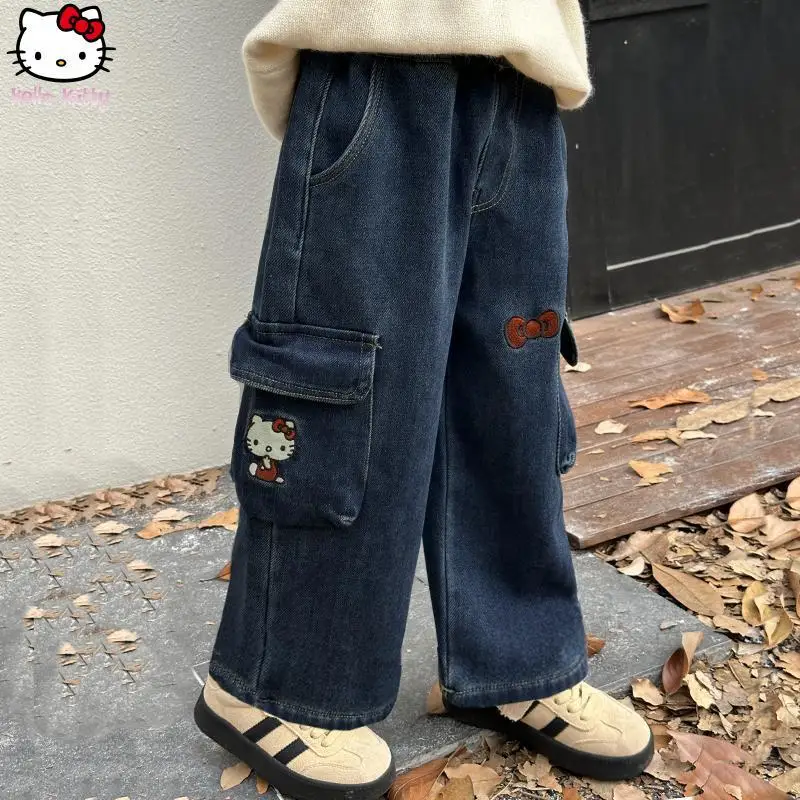 

Cartoon Hello Kitty Girls Warm Jeans Anime Autumn Winter Kawaii New Student Clothing Work Pants Sanrio Thickened Wide Leg Pants