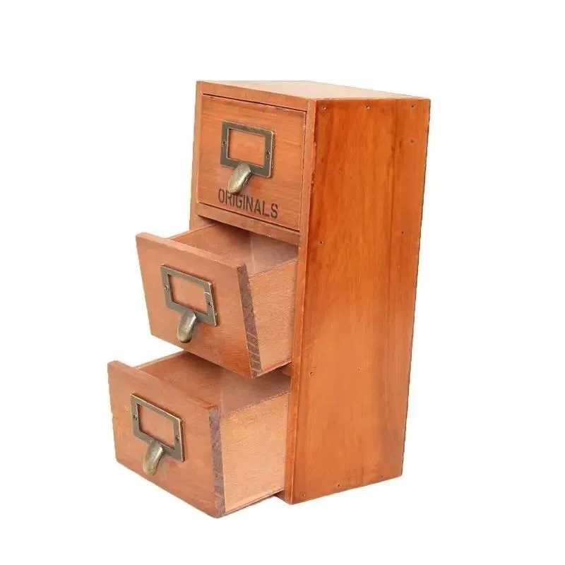 Rustic Brown Solid Wood Desktop Organizer with 3 Drawers Jewelry Craft Supplies Storage Cabinet Pharmacy Style Caddy
