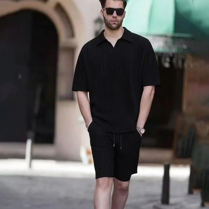 

Men's Ribbed Knit 2 Piece Set Lapel Collar Short Sleeve Polo Shirt and Drawstring Shorts Casual Outfit
