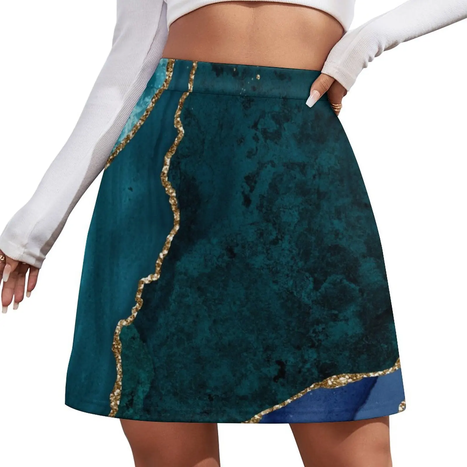 

Blue and teal colors, peacock colors, agate stone effect with gold accents, striking and colorful Mini Skirt