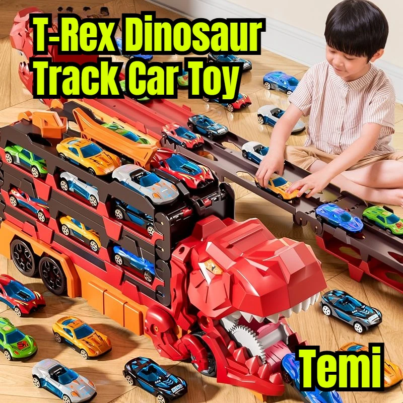T-Rex Dinosaur Feeding Track Car Toys 6 Transformable / 6-in-1 Slide & Launch Cars Die-Cast Alloy Mini Cars with Storage Case