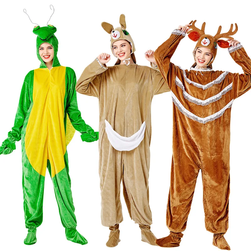 

Fantasia Purim Halloween Costumes Unisex Men Women Praying Mantis Elk Kangaroo Costume Nsect Performance Cosplay Suit for Adult