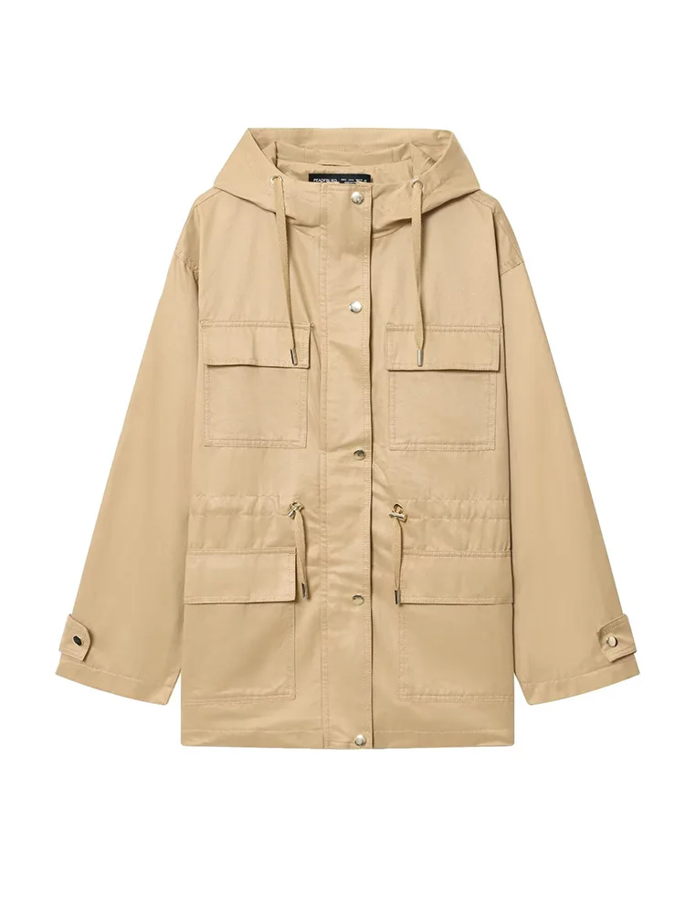 HH Women New Casual Solid Multi-pocket Single-breasted Long Sleeve Hooded Jacket Women Drawstring Fashion Street Autumn Coat