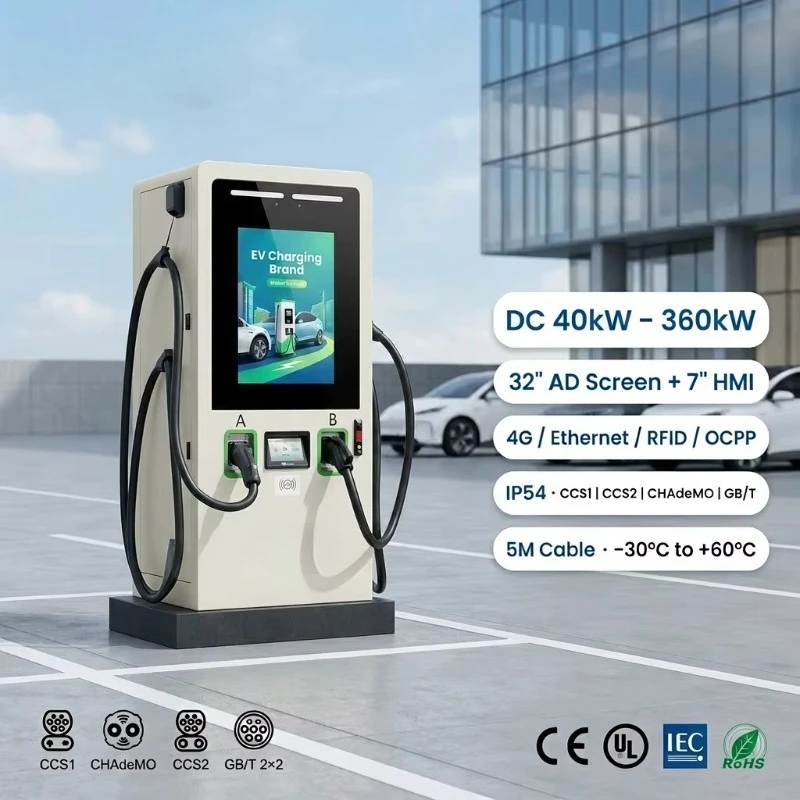 Customized 60KW 120KW 320KW Commercial DC EV Fast Charger 32 Inch Ad Screen Double Front CCS1 CCS2 CHADEMO GBT OCPP 1.6J 4G RFID