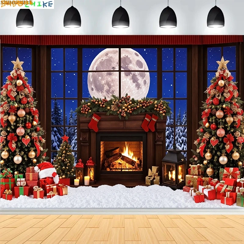 

Christmas Day Pine Tree Photography Backdrop Props Xmas Eve Family Party Living Room Decor Fireplace New Year Background CT14