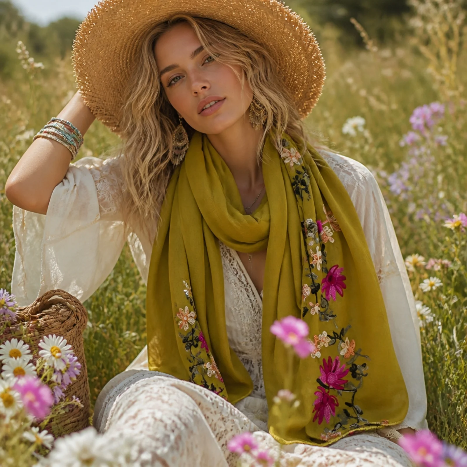 Fresh Floral Embroidered Chiffon Long Scarf – Ethnic Sun Protection Shawl, Versatile Multi-Use Decorative Wrap