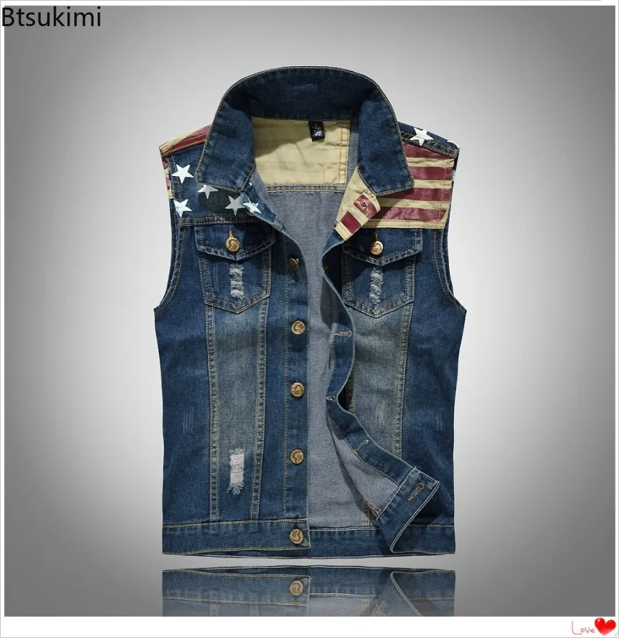 

New Men's Cotton Jeans Sleeveless Jacket Dark Blue Denim Jeans Vest Men Cowboy Denim Vest Leisure Mens Jackets Tops Plus Size