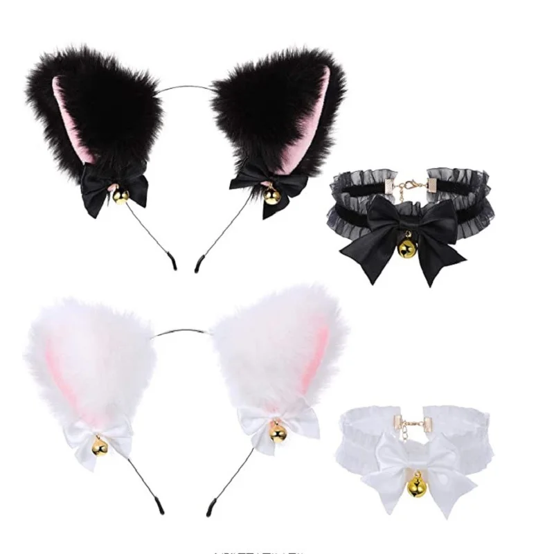 Orecchie di gatto fiocco fascia collana Cosplay Lolita peluche campana fascia per capelli donna ragazza copricapo Masquerade partito copricapo accessori per capelli