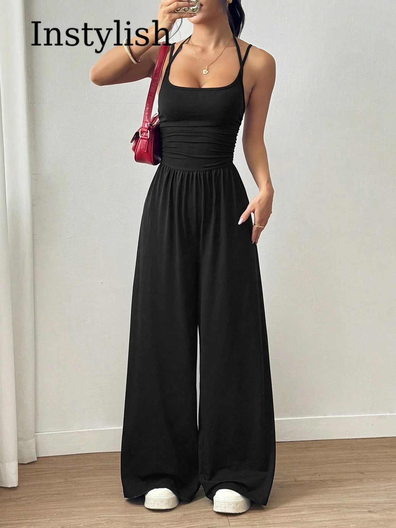 

Summer New Style Cool Sleeveless Sexy Halter Neck Suspender Backless Slim Women's Casual Chest-wrapped Jumpsuit Wide Leg Loose