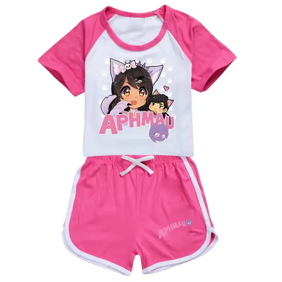 Anime Aphmau Cat Clothes Kids 2026 Summer Pajama Sets Baby Girls Short Sleeve T Shirt+Shorts 2pcs Set Toddler Boys Nightwear