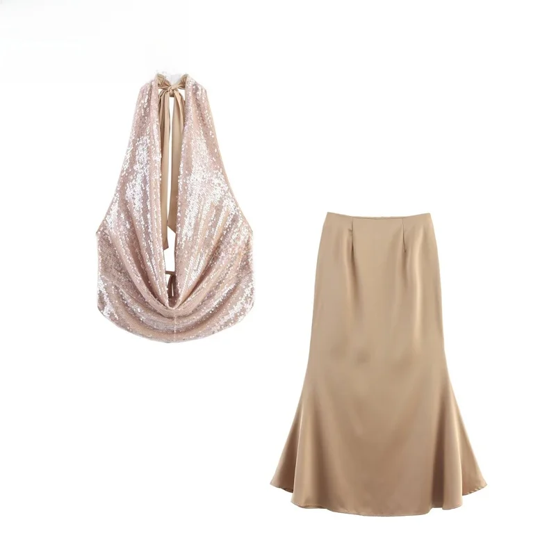 

ZBZR Весенний новый женский модный сексуальный топ с пайетками и юбка Fi Tail f, комплект из двух предметов, длинный све, круглый, летний...