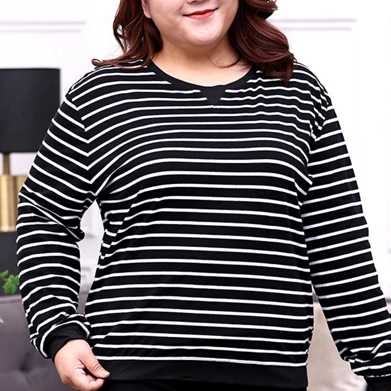 Autumn Winter Fashion Trend Striped Plus Size T-shirts Women Simple Design Oversized Female Top Temperament Korean Lady Pullover