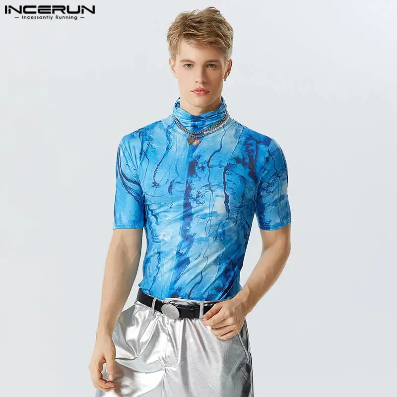 INCERUN Men Bodysuits Printing Turtleneck Short Sleeve Fashion Rompers T Shirts Men 2023 Summer Fitness Casual Bodysuit S-3XL