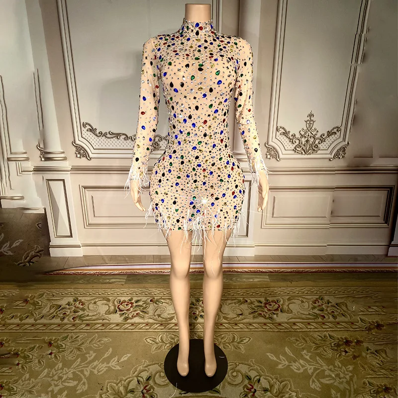

Diamond Long Birthday Dress Luxury Colored Diamond Long Sleeve Mini Feather Dress Sexy Translucent Ladies Birthday Show Costumes