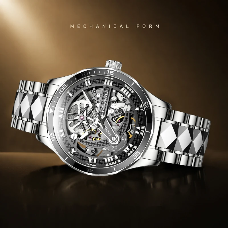 FeelNever Creative Luxury Mechanical Man Watch Hollow Out Business Sapphire Mirror Stainless Steel Waterproof Automatic Watches
