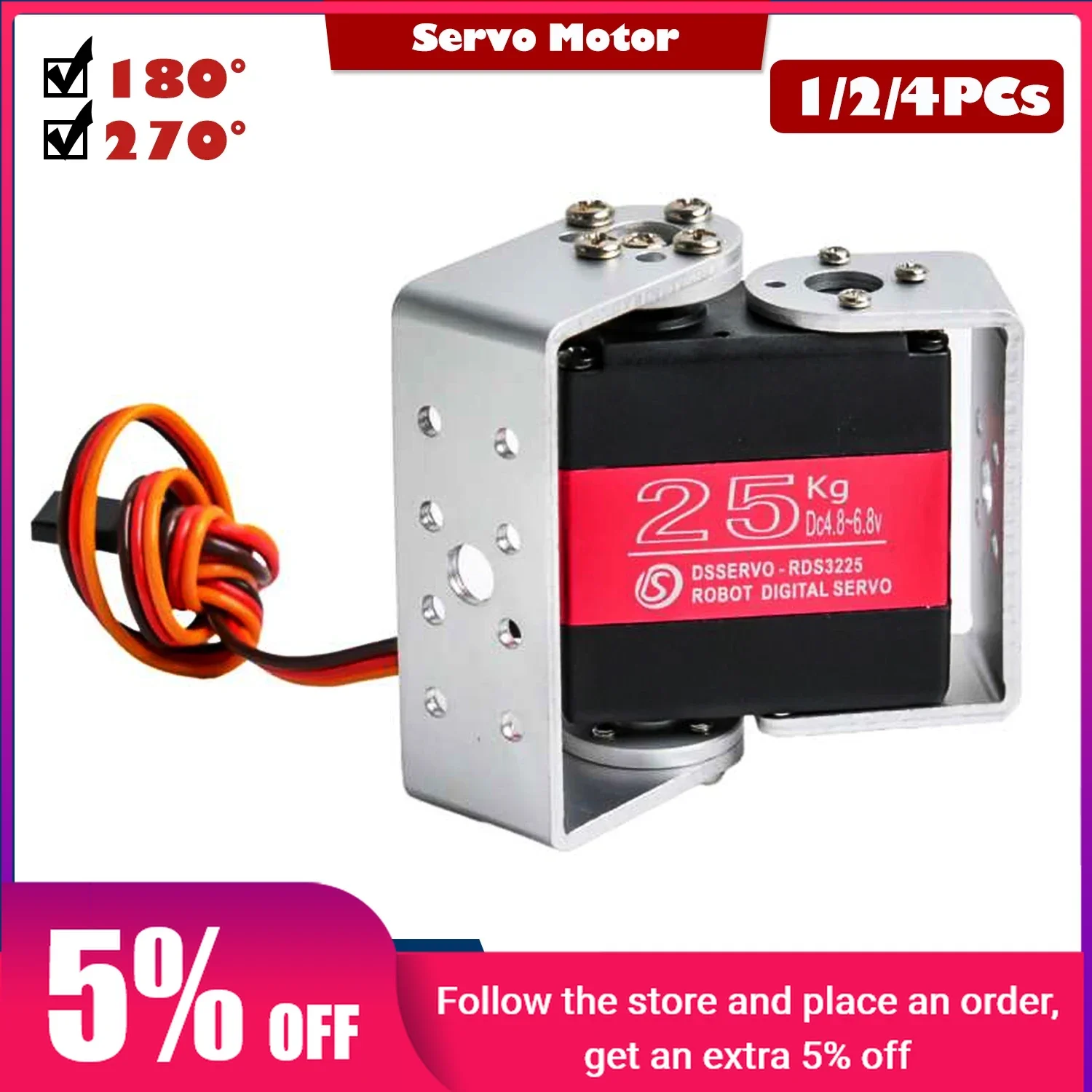 

1/2/4pcs RDS3225 25kg Digital Servo Metal Gear Robotic Servos Motor 6V Double-shaft U Mouting Waterproof IP66 180/270 Degree