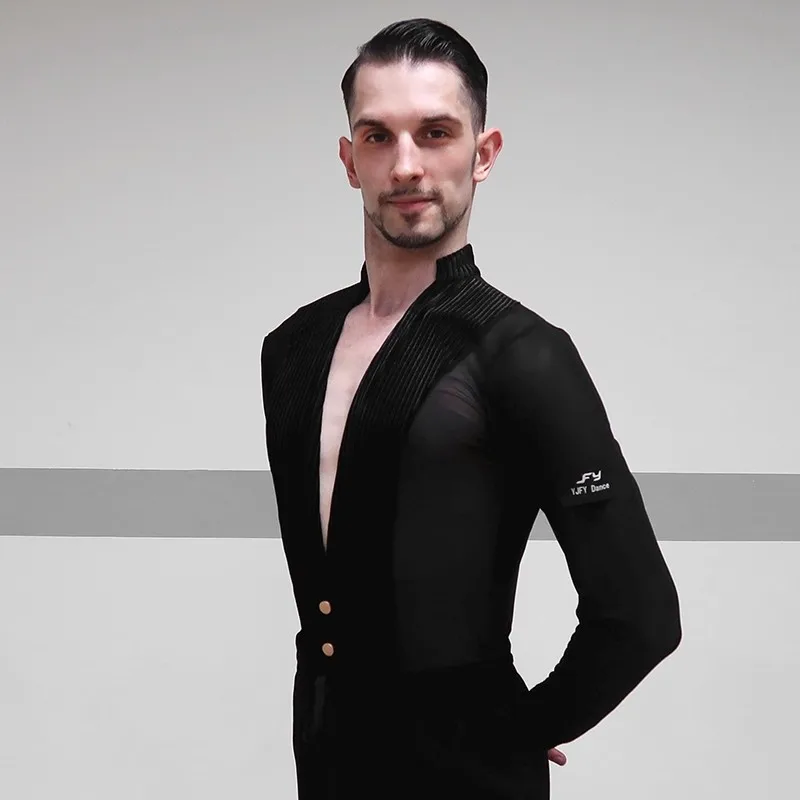 Adulto dança latina topos para masculino manga comprida profundo decote em v superior traje de dança latina prática profissional roupa dn22133