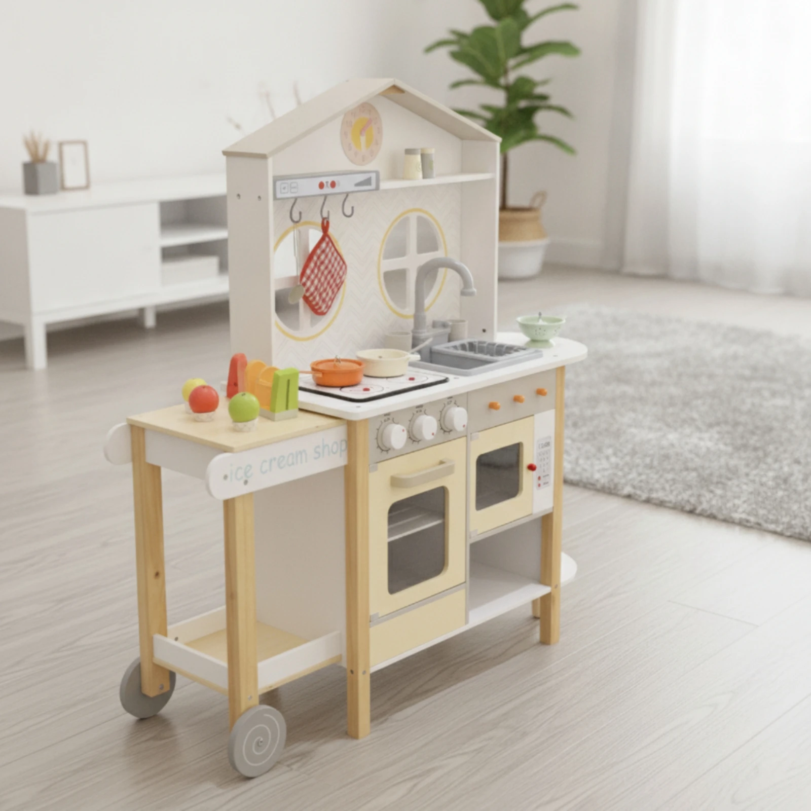 Wooden Play Kitchen with Accessories Interactive Toy Kitchen Set with Pots and Pans Wooden Play Cooking Set Educational Indoor