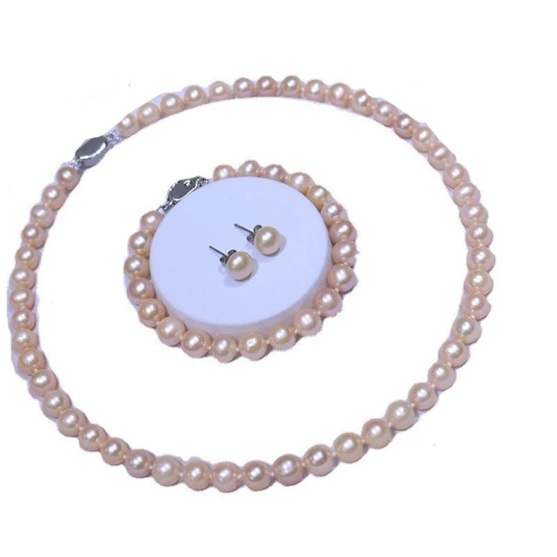 one set freshwater pearl PINK NEAR round 8-9mm Necklace Bracelet Earrings