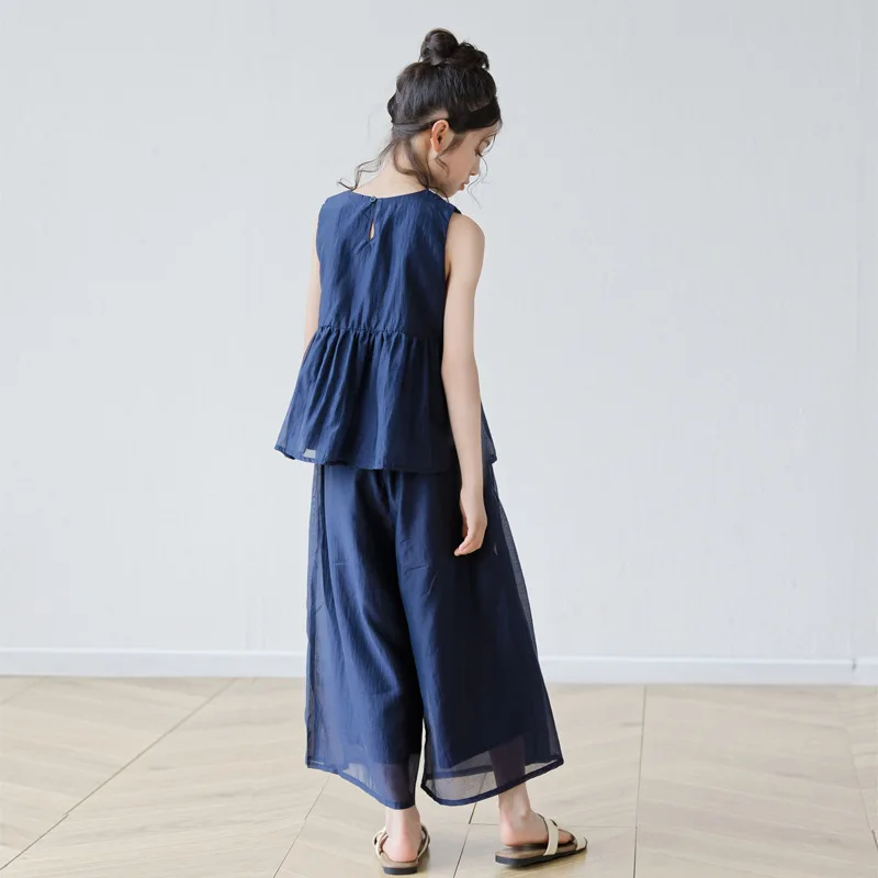 Teen Kids Clothing Navy Blue Sleeveless Top Wide Leg Pants Set Casual Two-Piece Outfit for Summer Strolls Picnics Everyday Wear