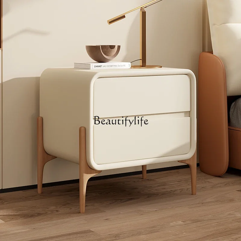 

FG28Solid wood bedside table simple modern milk tea style bedroom Italian furniture light luxury art design leather bedside tabl