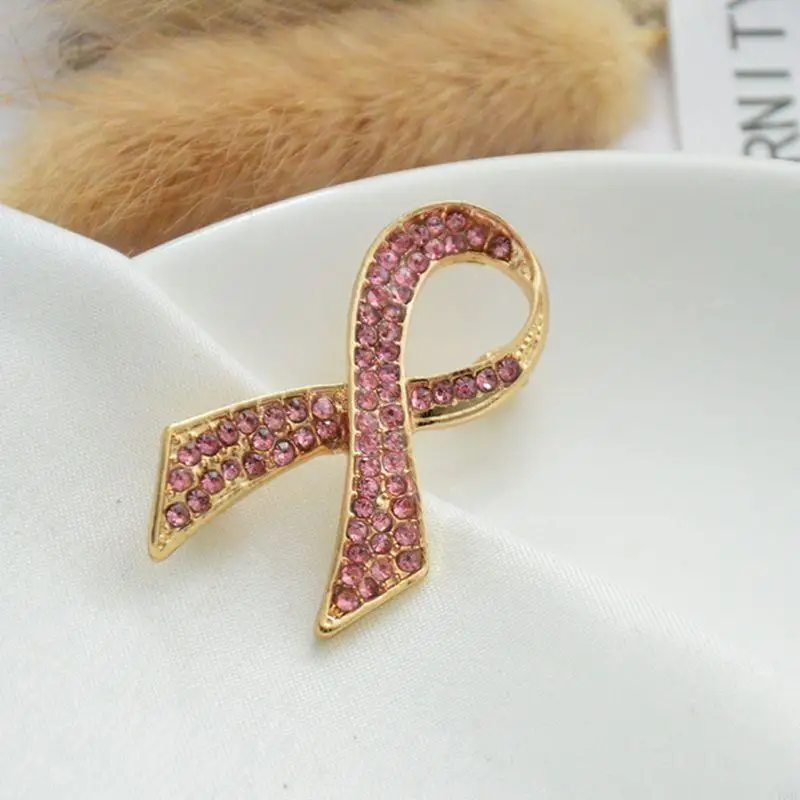 

49MF Gold Tone Pink for Rhinestone Ribbon Brooch Pins Jewelry Women Surviving Awareness Hope Lapel Badges