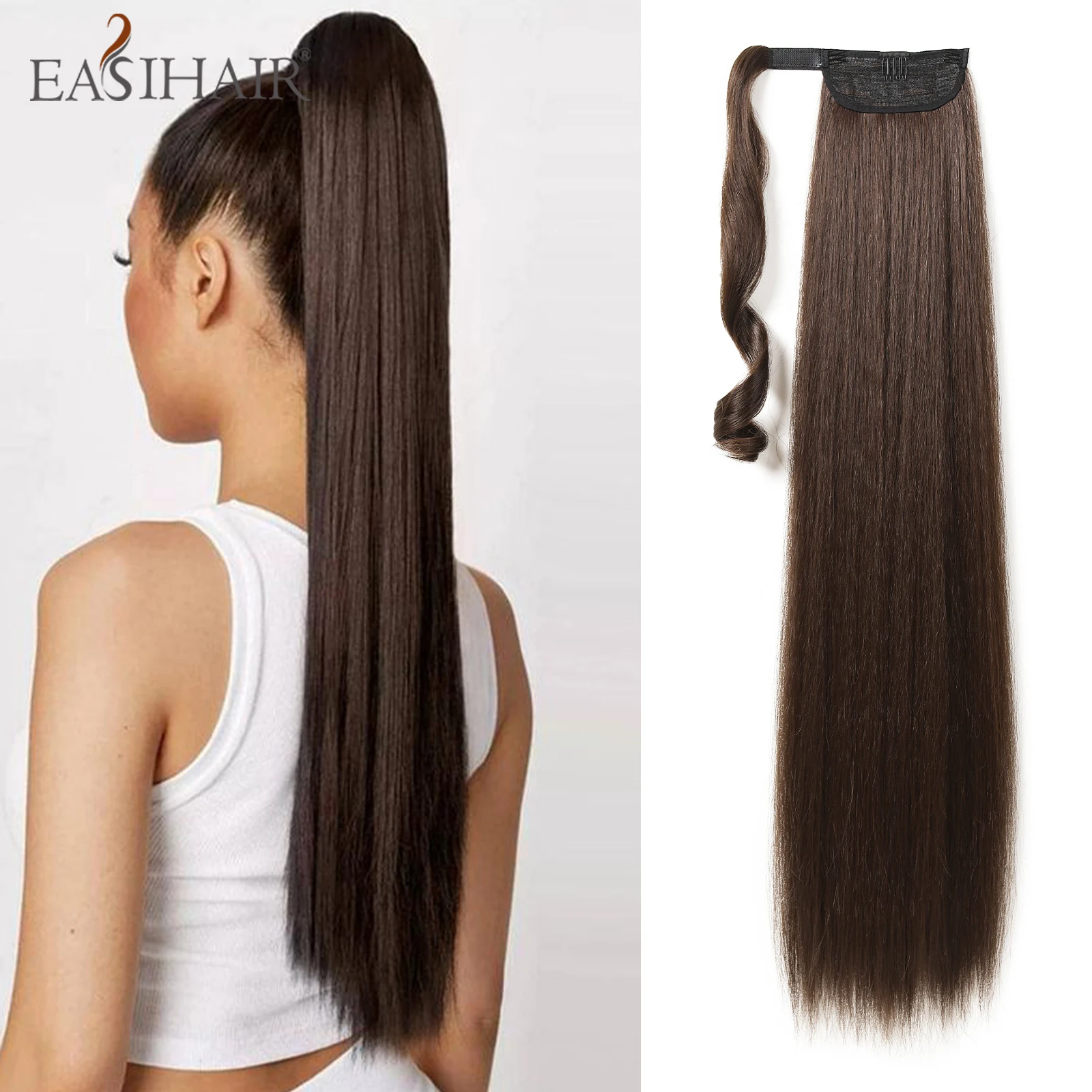 EASIHAIR 36 inch Synthetic Hair Extensions Long Straight Wrap Around Clip In Ponytail Light Brown Daily Hairpiece Heat Resistant