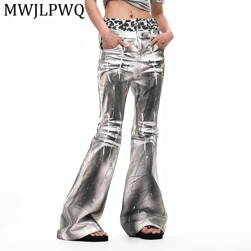 

MWJLPWQ Leopard Print Double Waistband Slightly Flared Jeans For Unisex Street Style Distressed Straight Trousers Autumn 16360